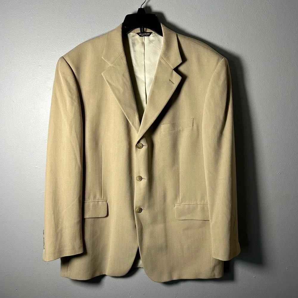 Bill Blass Mens‎ 43R Silk Blazer Tan Herringbone 3 Button Sport Coat Jacket